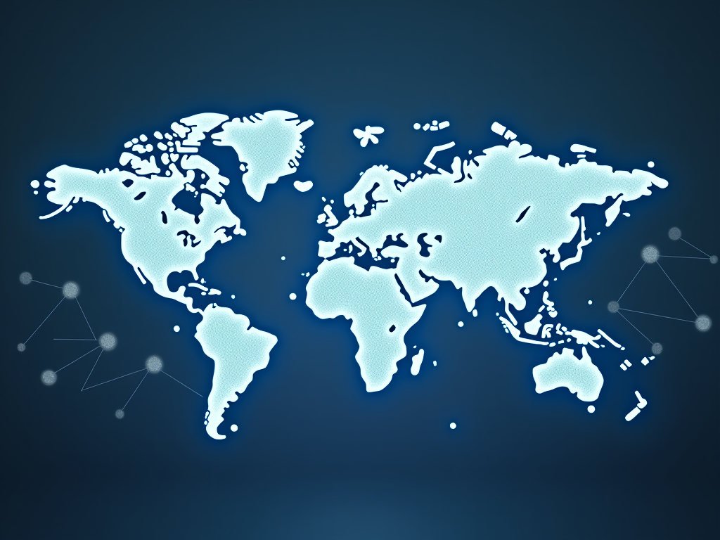 Stylized blue map of the world with interconnected nodes on a dark background.