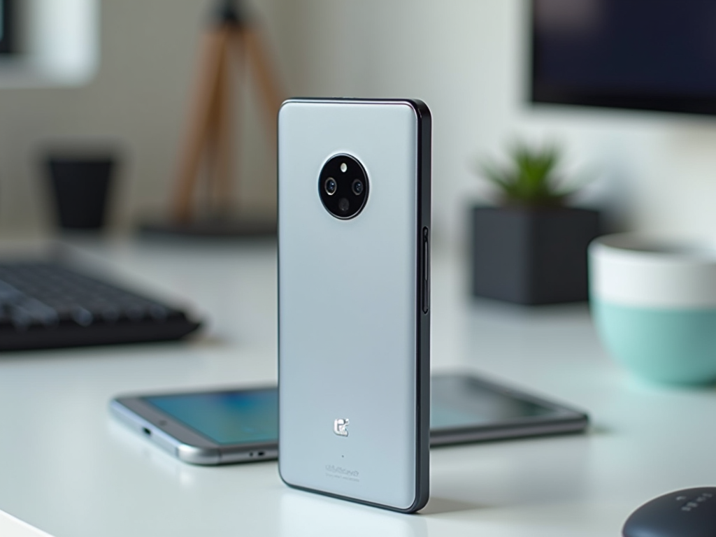 Silver smartphone with circular camera design standing on a desk, with other devices in the background.