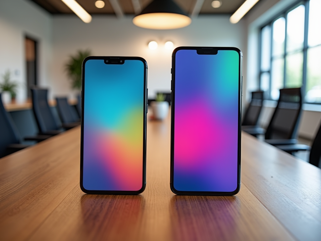 Two smartphones with colorful screens on a table in a conference room.