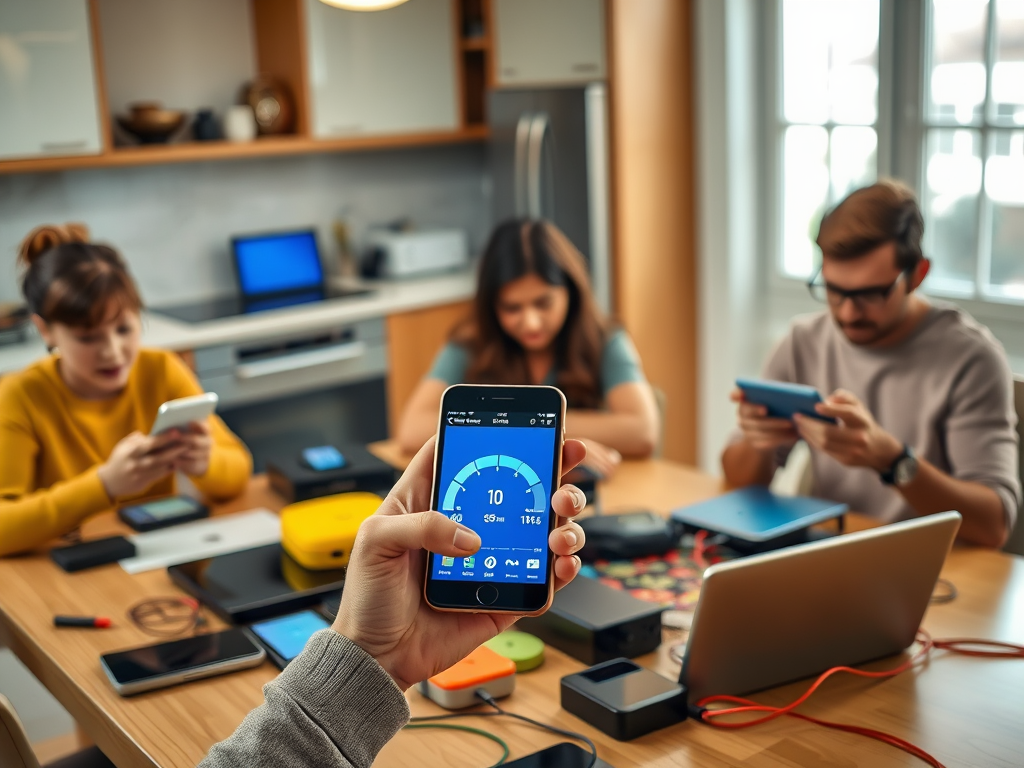 A person holds a smartphone displaying a speed test, while three others are using their devices at a table.