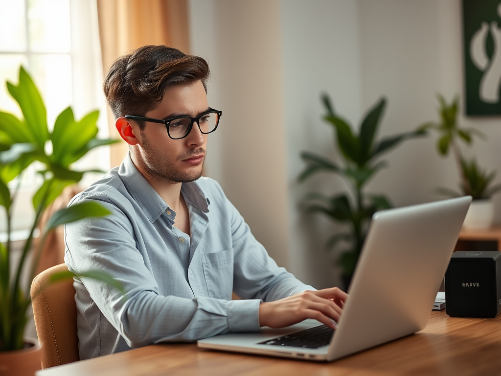 A focused young man in glasses works on a laptop surrounded by indoor plants in a bright office space.