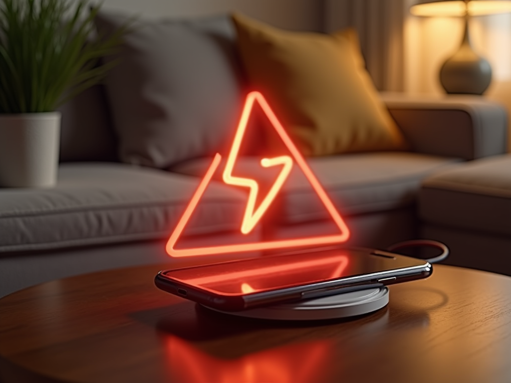 Glowing neon lightning bolt symbol floating above a smartphone on a wireless charger, in a cozy room setting.