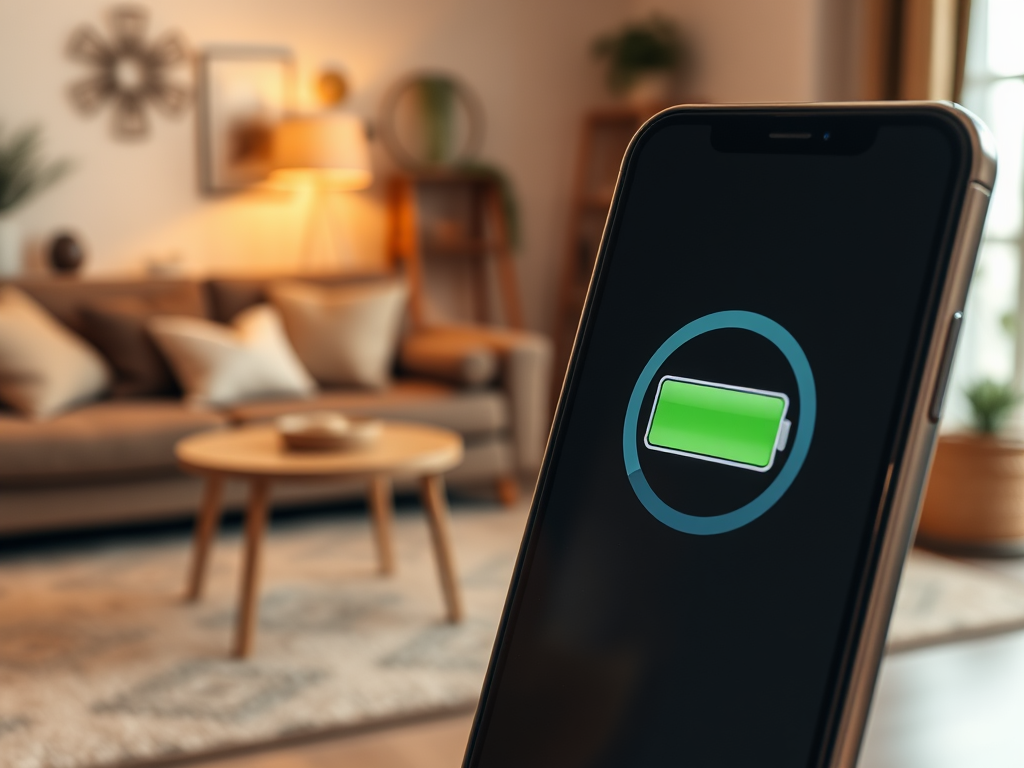 A smartphone displaying a fully charged battery icon in a cozy living room setting.