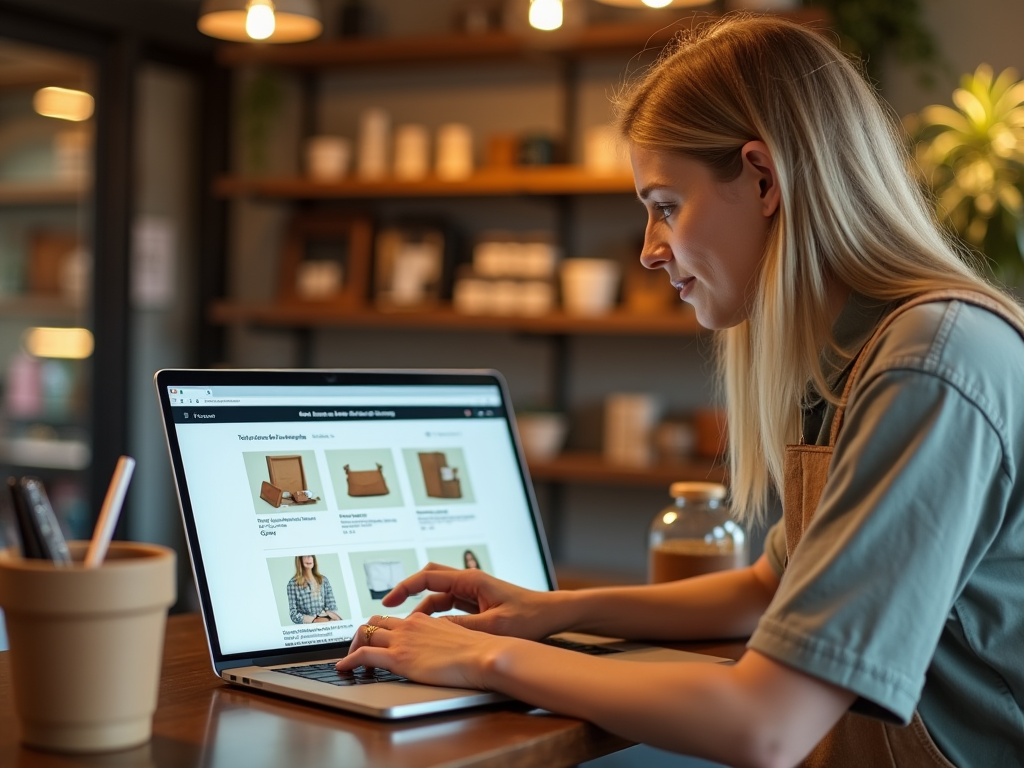 Woman browsing online store on laptop in a cozy café setting.