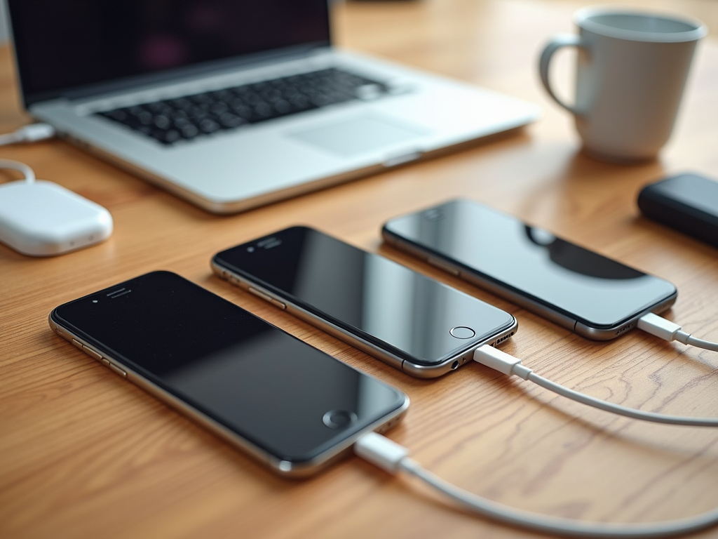 Three smartphones charging on a wooden desk next to an open laptop and a coffee mug.