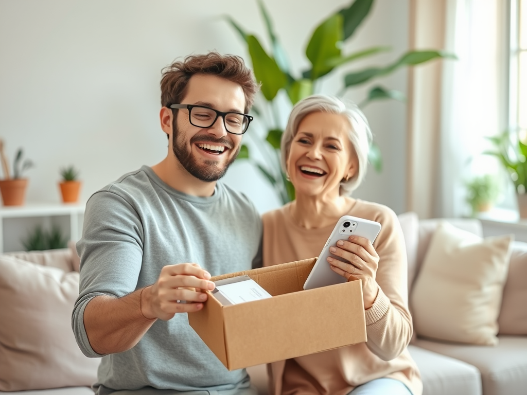 A young man and an older woman joyfully unbox a package together, smiling and enjoying each other’s company.