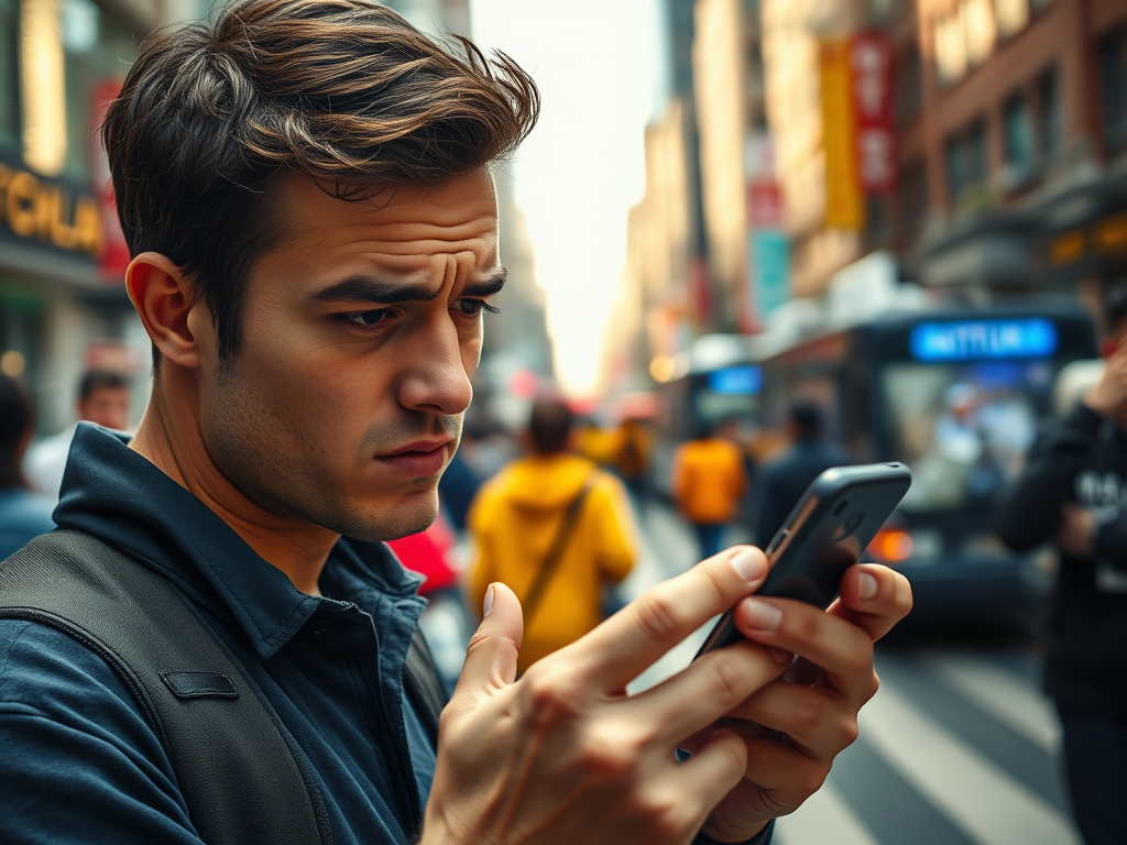 A man with short hair looks intently at his smartphone while walking in a busy urban street.