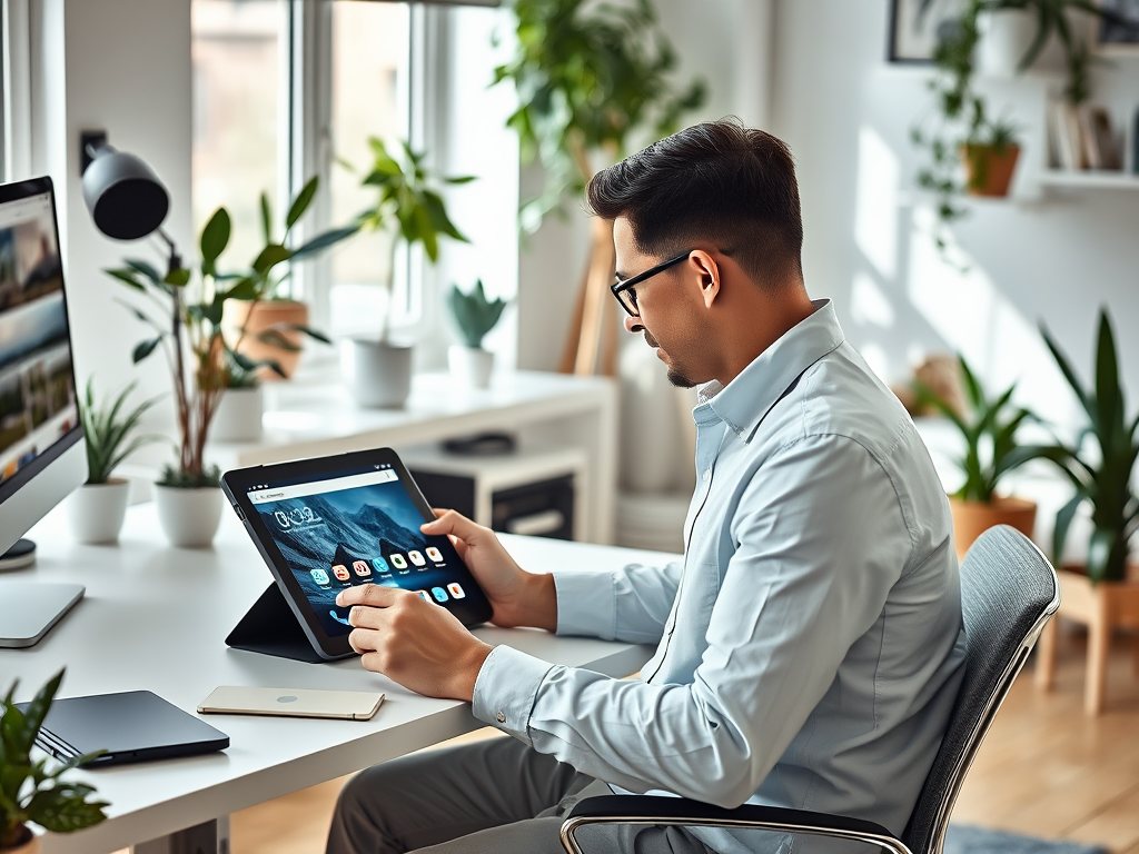 A person in a blue shirt sits at a desk, using a tablet surrounded by plants and a computer monitor.