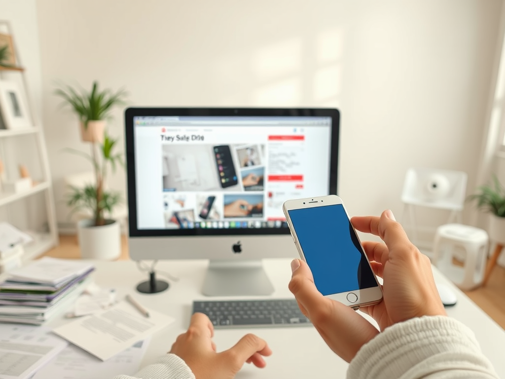 A person holds a smartphone while looking at a computer screen with a webpage open in a bright, modern workspace.