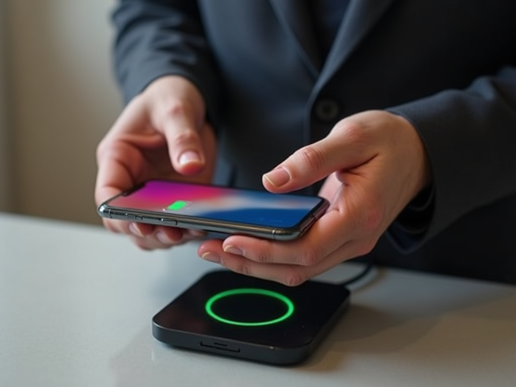 Person in suit placing smartphone on wireless charging pad.