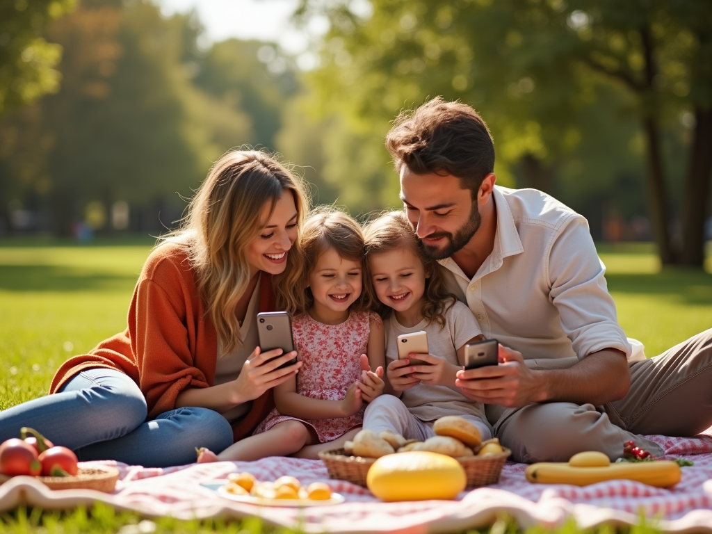 Family enjoying a picnic in the park while using smartphones.