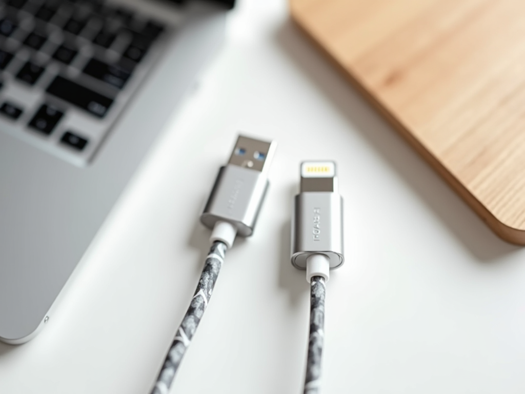 USB and Lightning cables on a desk next to a laptop and wooden tray.