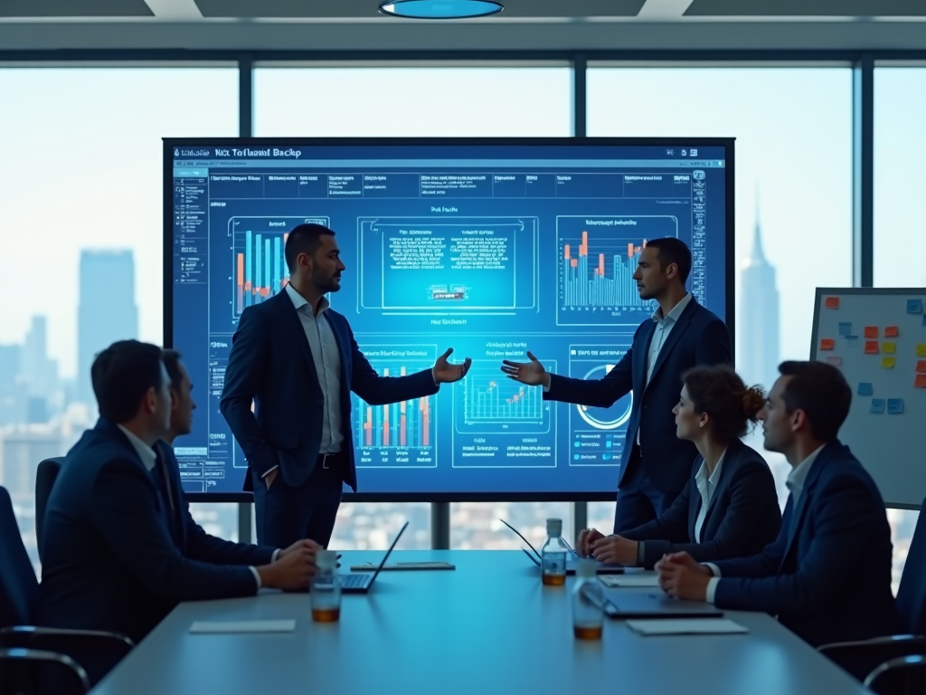 Two men discuss financial data on a large screen in a modern office meeting while colleagues listen.