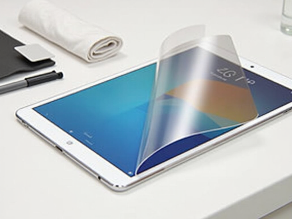 A white tablet with a flexible, transparent screen lifting from its surface on a desk next to office supplies.