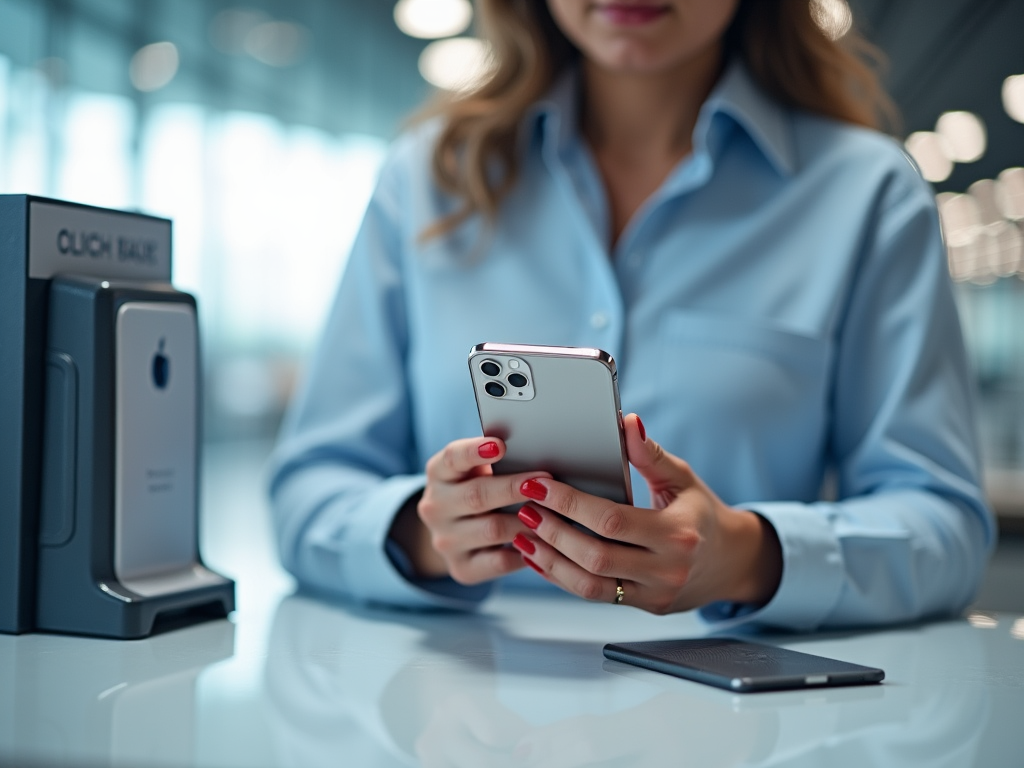 Woman in blue shirt using smartphone, tech products displayed on desk.