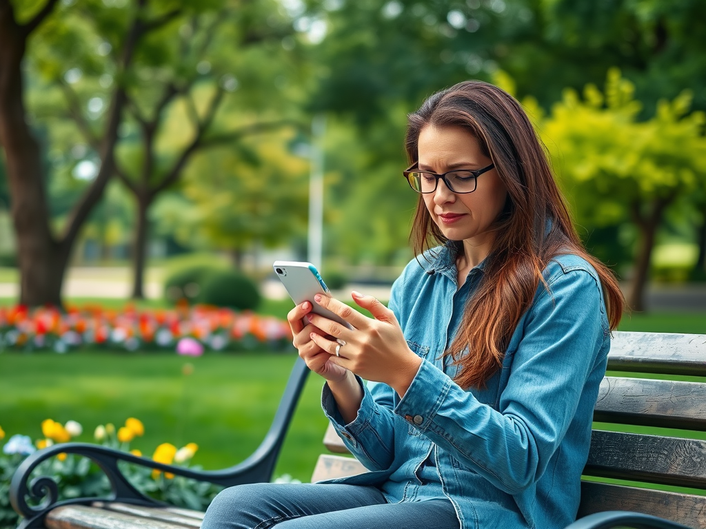 A woman sitting on a bench in a park, using her smartphone, surrounded by colorful flowers and trees.