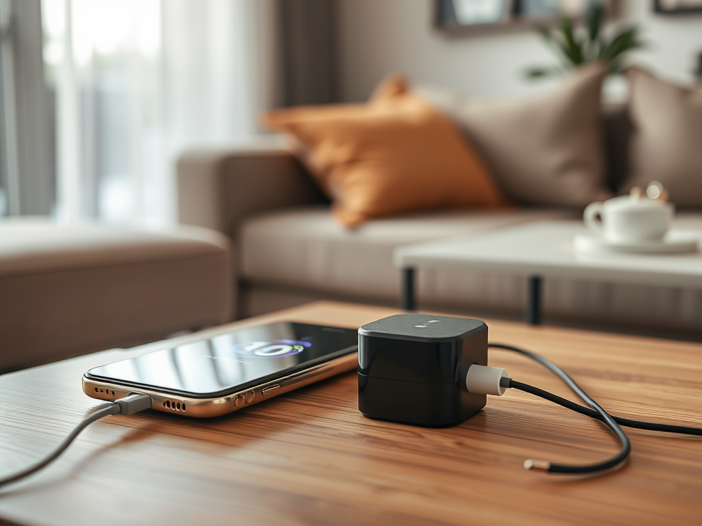 A smartphone is charging on a wooden table next to a black charger in a cozy living room setting.