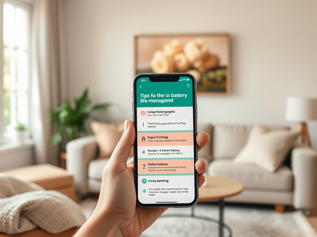 A person holding a smartphone displaying battery management tips in a cozy living room setting.