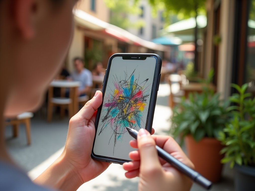 Person using a stylus on a smartphone to create or edit a colorful abstract drawing, seated at an outdoor cafe.