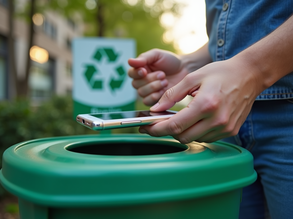 Person using a smartphone near a green recycling bin, with a recycle symbol in the background.