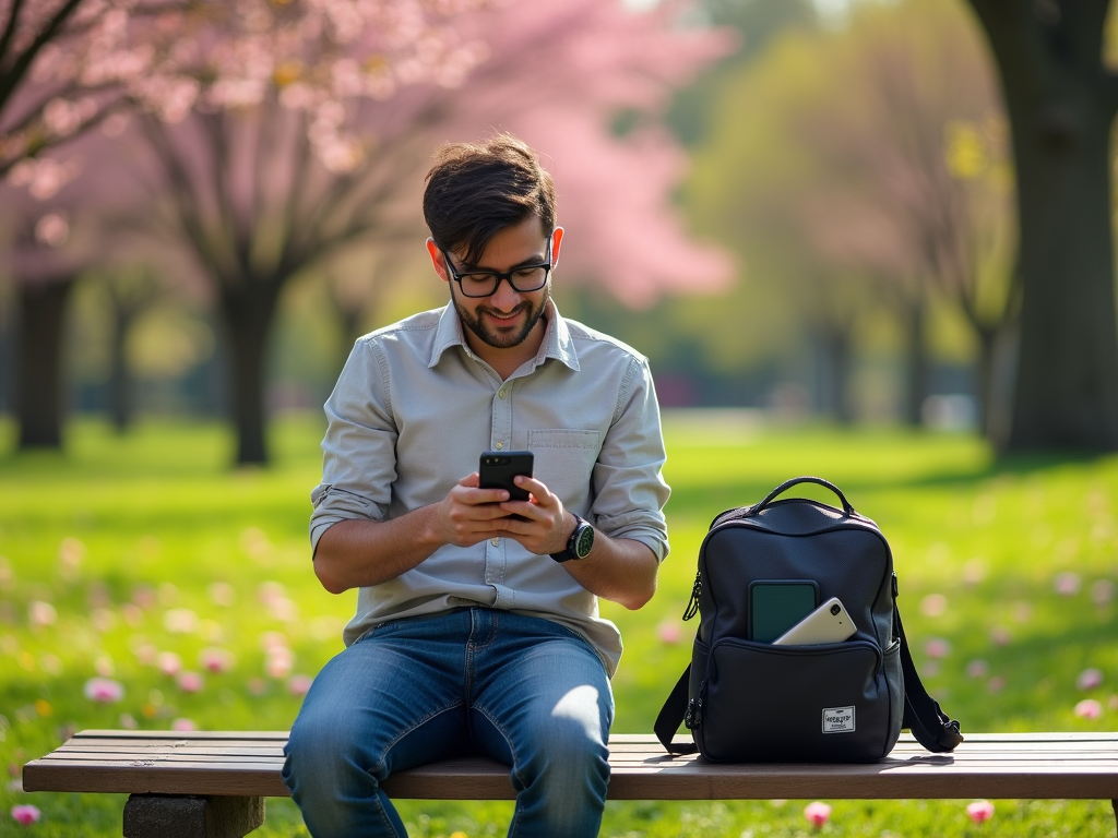 Man sitting on park bench using smartphone with backpack beside him, under blooming trees.