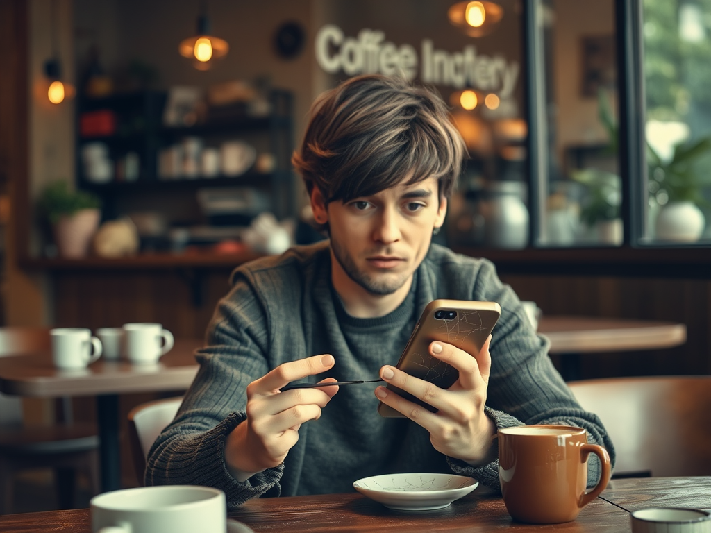 A young man sits in a café, looking at his phone, with a cup of coffee and a plate in front of him.