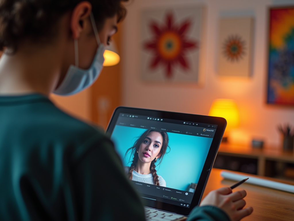 Person with mask using a tablet for a video call in a warmly lit room with colorful art on walls.