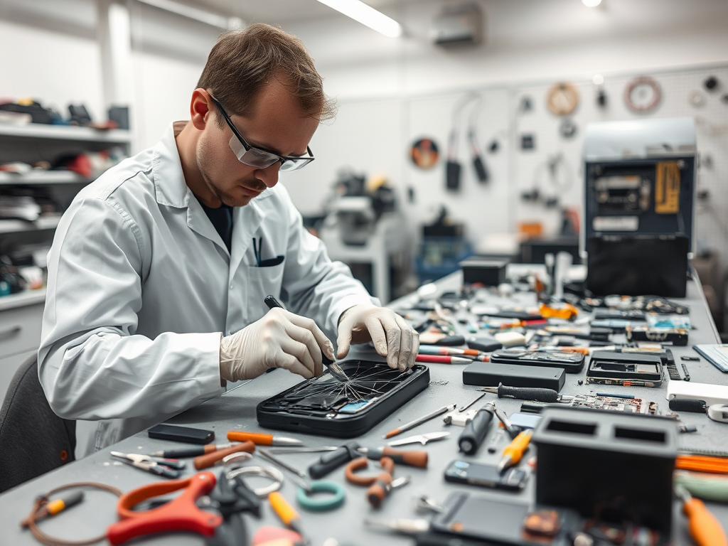 A technician in gloves repairs electronics surrounded by tools and parts on a cluttered workbench.