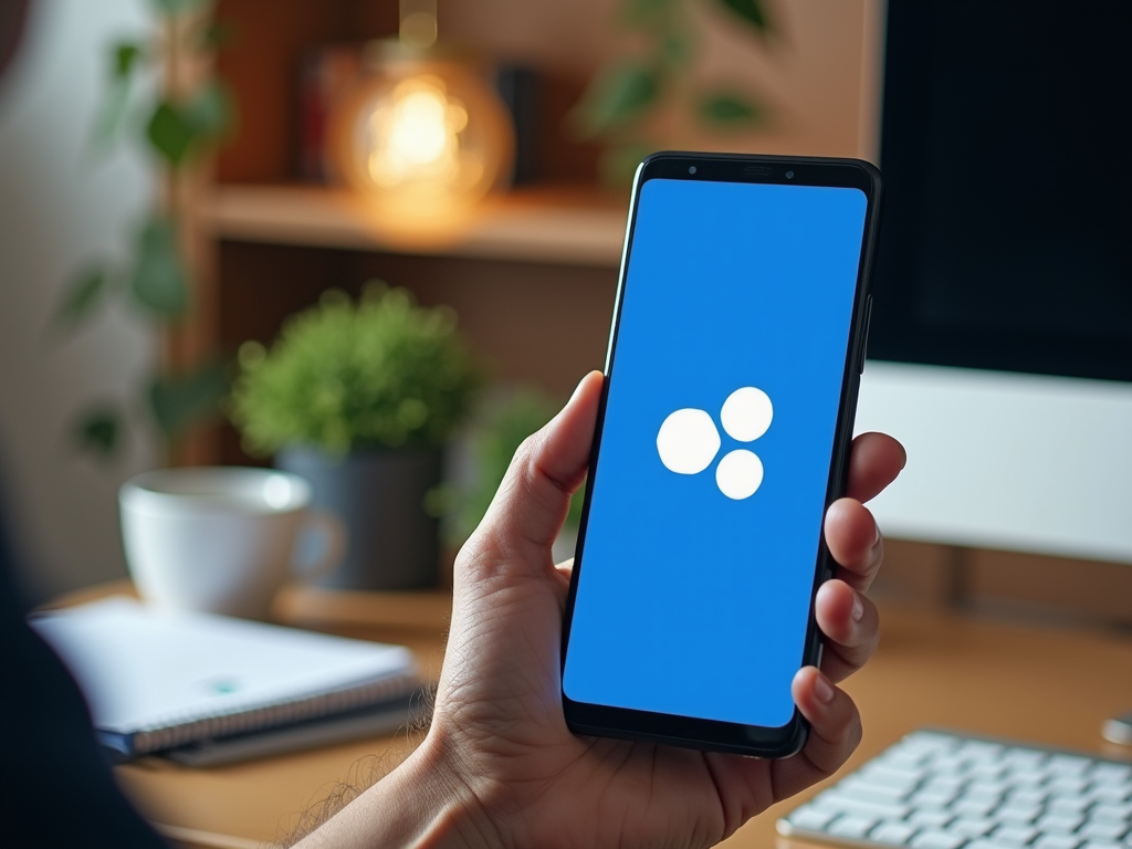 Hand holding smartphone with blue screen displaying white logo, in a cozy office setting.