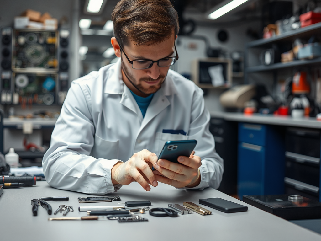 A technician in a lab coat examines a phone, surrounded by various tools and gadgets on a workbench.