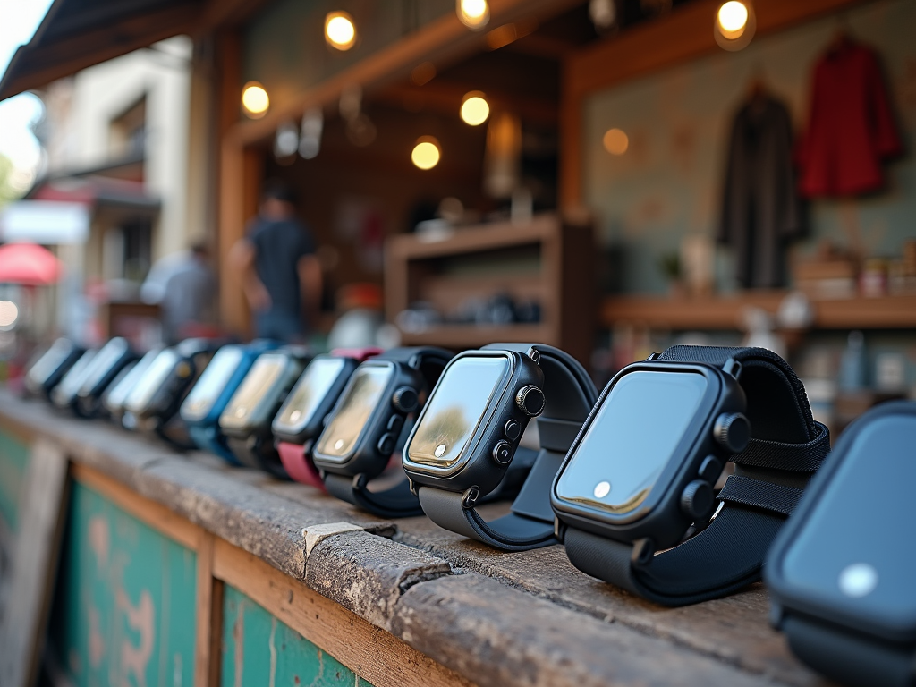 Line of smartwatches displayed on a wooden ledge at a market stall.