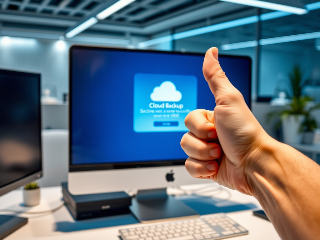 A hand gives a thumbs-up in front of a computer displaying a "Cloud Backup" message.