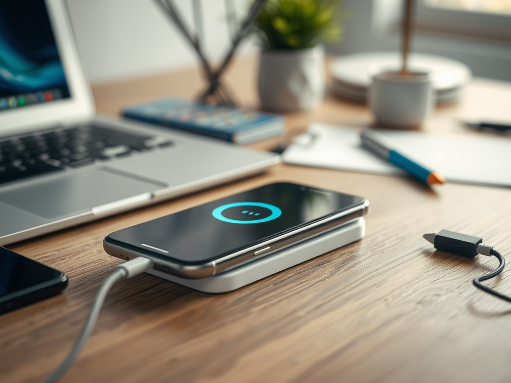 A smartphone charging on a wireless pad, with a laptop and stationery in the background, on a wooden desk.