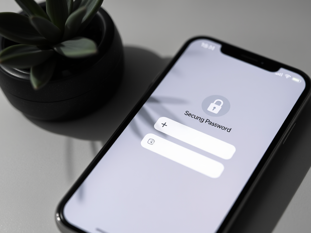 A smartphone displaying a password entry screen alongside a small potted plant on a minimalist surface.