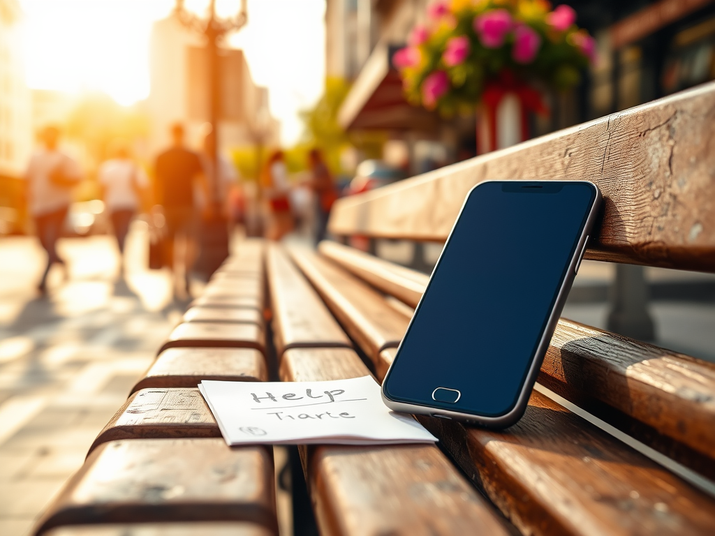 A phone rests on a park bench beside a note reading "Help Tiarte," with people walking in the background.