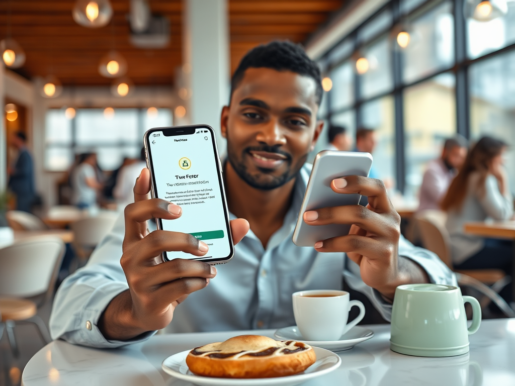 A man in a café smiles while holding two smartphones, one displaying a security app, with coffee and pastry on the table.