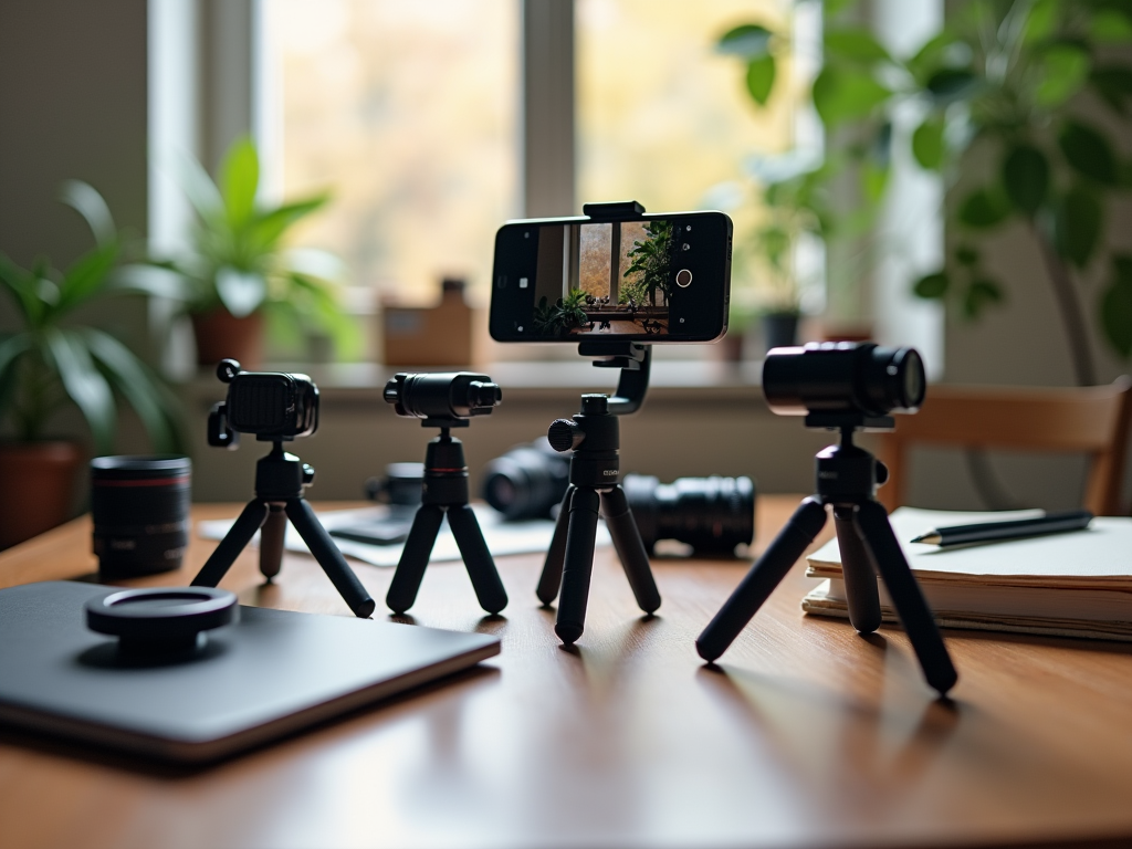 Smartphone on tripod capturing a plant-filled window scene, with camera equipment on a wooden table.