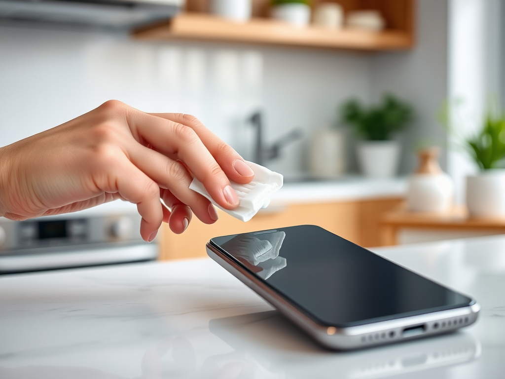 A hand is wiping a smartphone screen with a cloth in a bright kitchen setting.