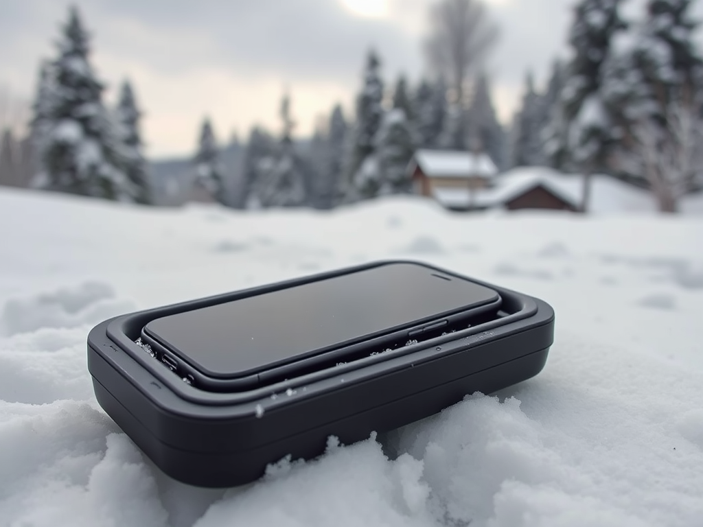 A smartphone and a wireless charger resting on snow, with trees and a cabin visible in the background.