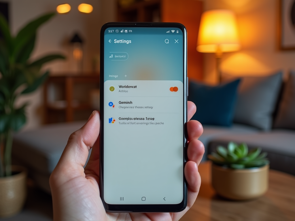 Hand holding a smartphone displaying settings screen with app options in a cozy room.