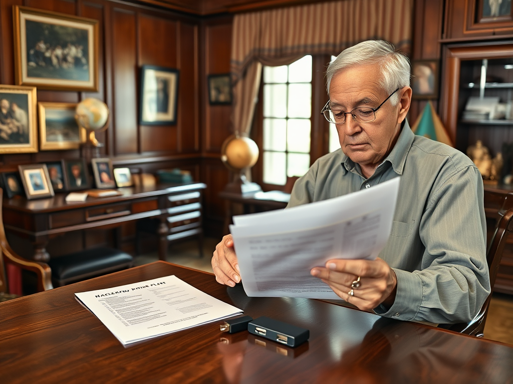 An elderly man reviews documents at a polished wooden desk in an elegant office filled with framed photos and decor.