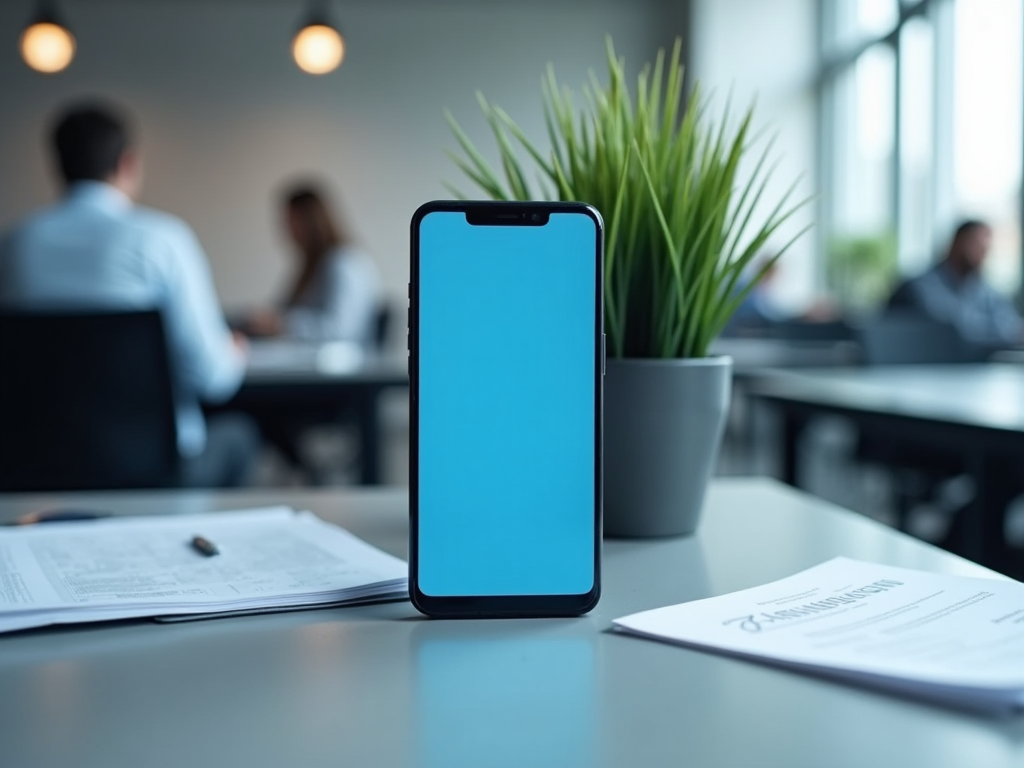 Smartphone with blank screen on a desk, blurred office background with people in a meeting.