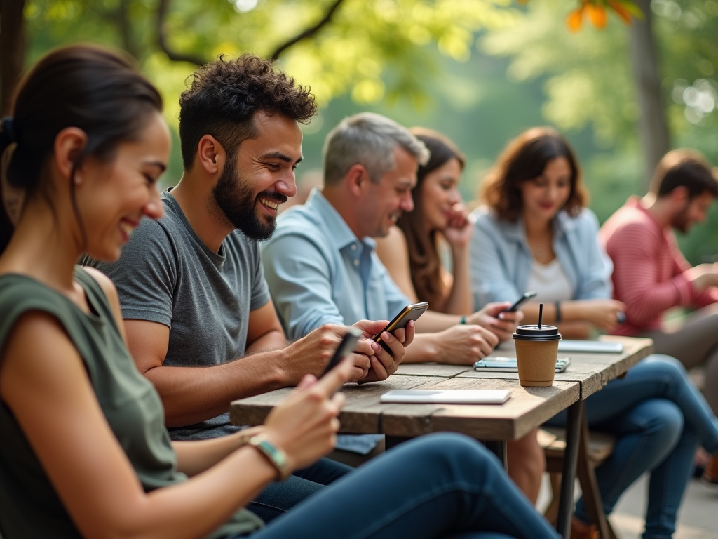 Group of friends using smartphones at a wooden table outdoors.