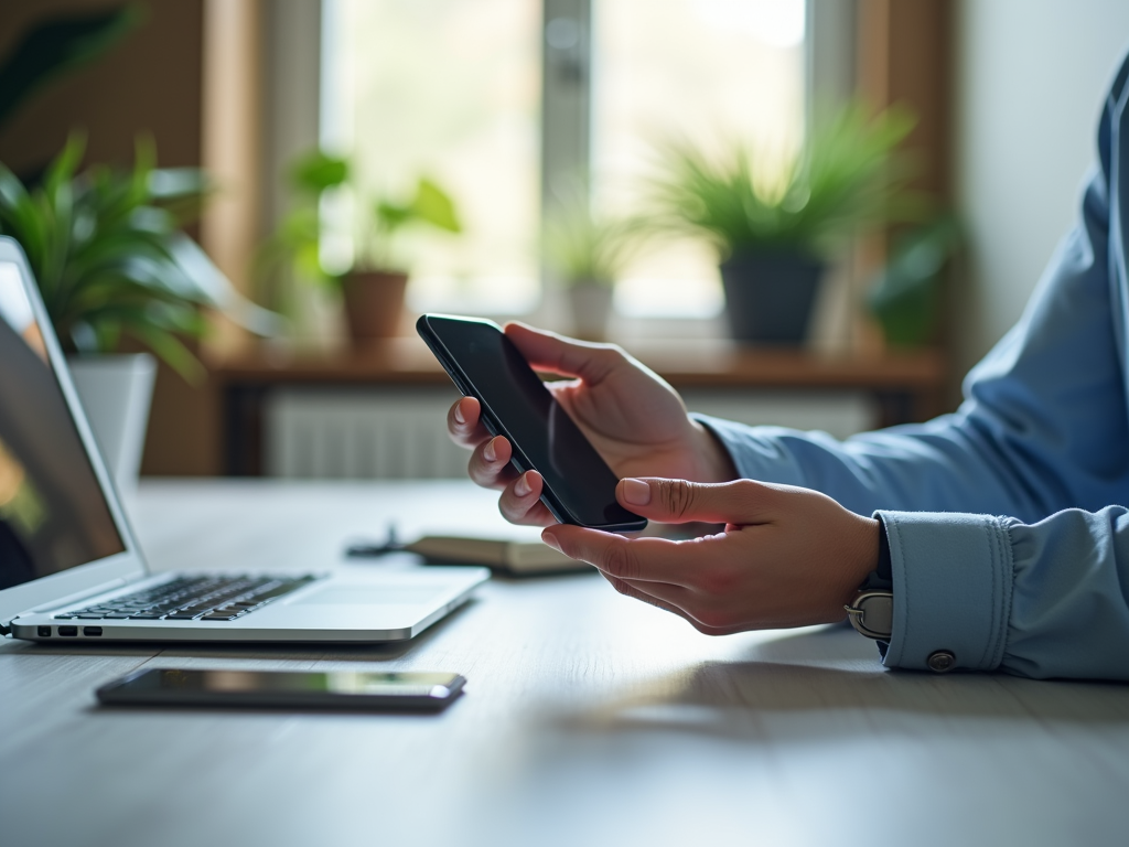 Person using a smartphone near a laptop and another mobile on a wooden table in a bright office.