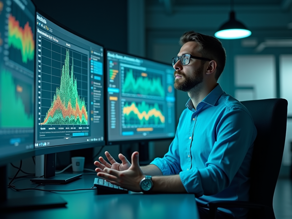 Man in glasses analyzing data on multiple computer screens in a dark office.