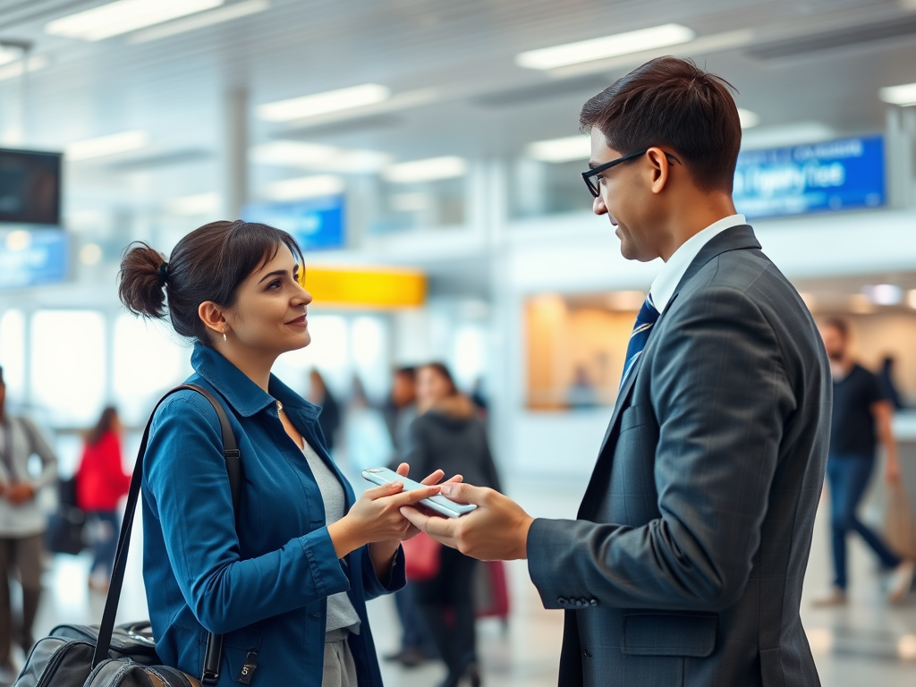 A woman and man engage in conversation at an airport, both smiling and holding phones, amidst a busy terminal.