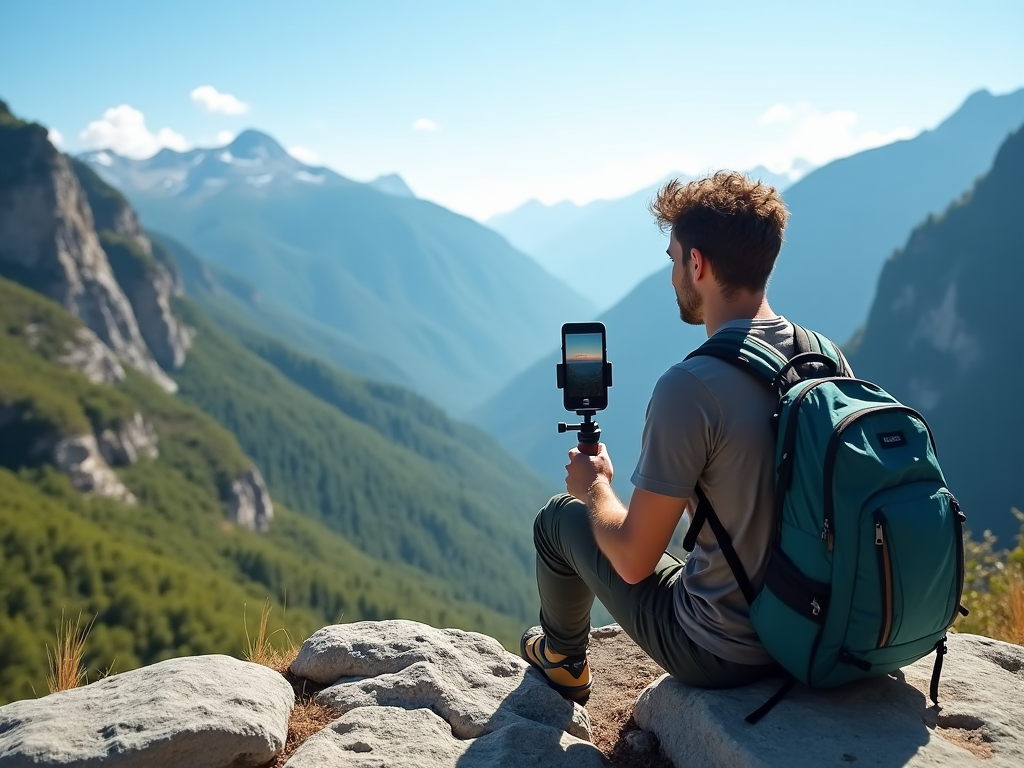 Man with a backpack recording a video on his phone in mountainous landscape.