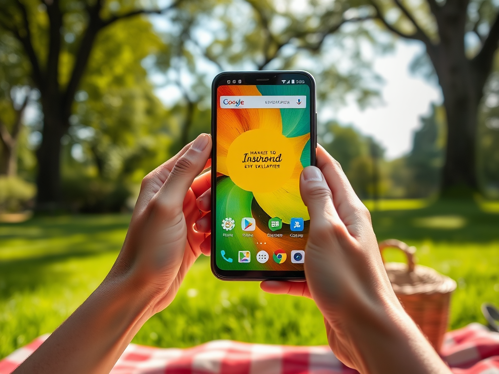 A person holds a smartphone displaying a colorful wallpaper, surrounded by greenery and a picnic basket.