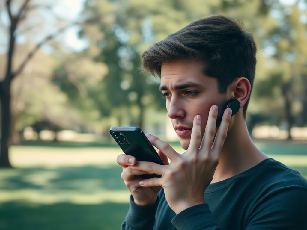 A young man in a park holds a phone to his ear, wearing wireless earbuds and looking focused.