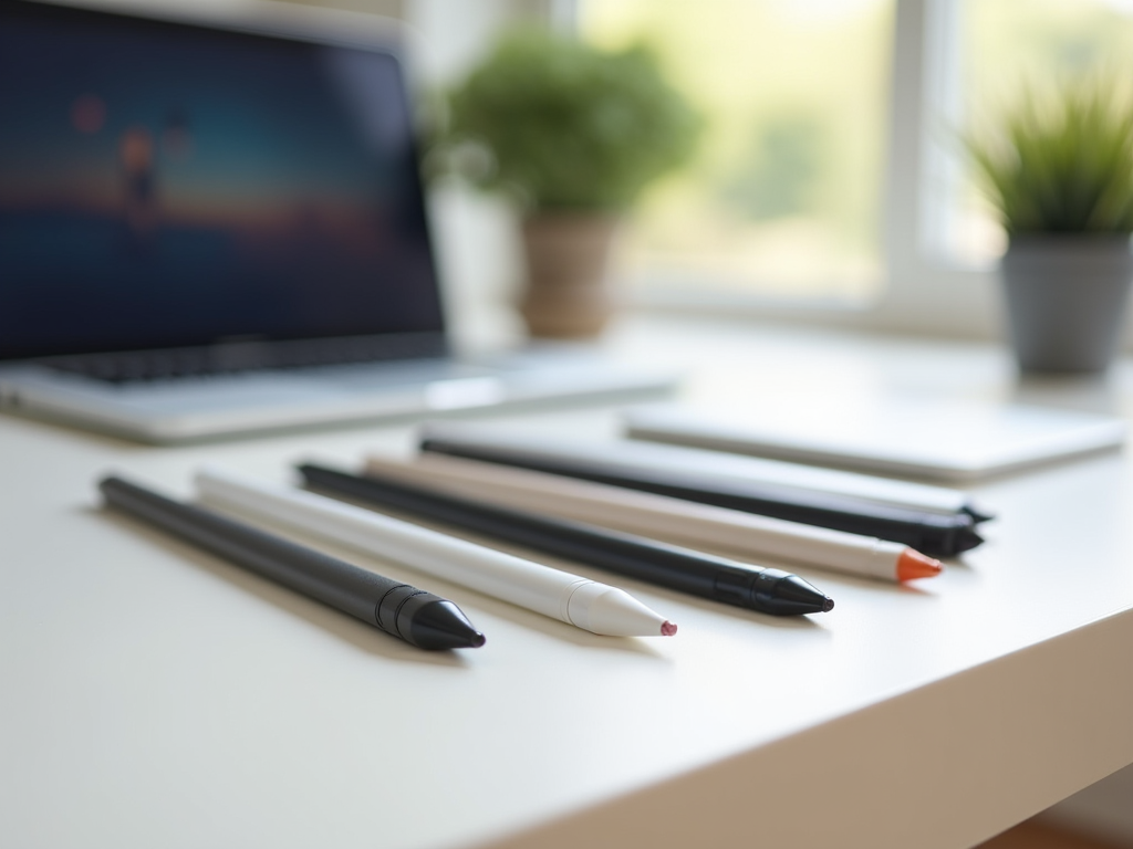 A focused shot of markers on a desk with a blurry laptop and potted plant in the background.